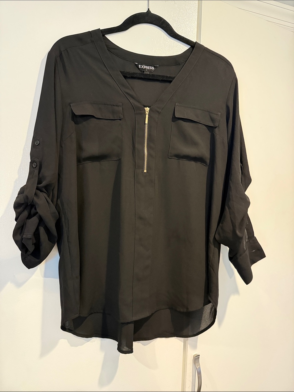 Express Black Roll-Tab Zip Front Blouse